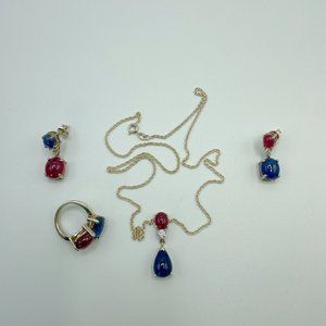 Sapphire and Ruby Sterling Silver Jewelry Set Necklace, Earrings, Ring